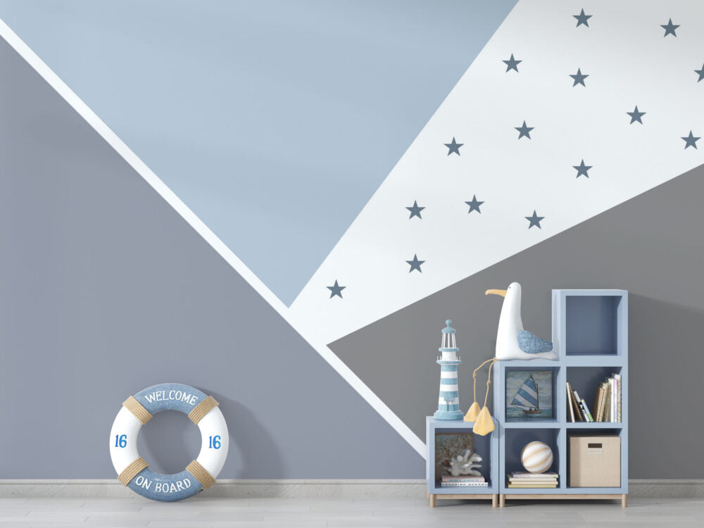 Soft Mavi ve Gri Tonların'da Yıldızlı Geometrik Desenli Çocuk Duvar Kağıdı