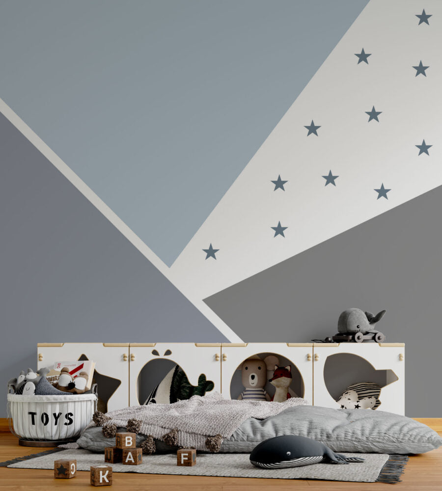 Soft Mavi ve Gri Tonların'da Yıldızlı Geometrik Desenli Çocuk Duvar Kağıdı