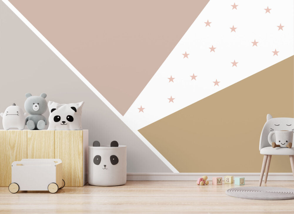 Soft Pembe ve Kahverengi Tonların'da Yıldızlı Geometrik Desenli Çocuk Duvar Kağıdı