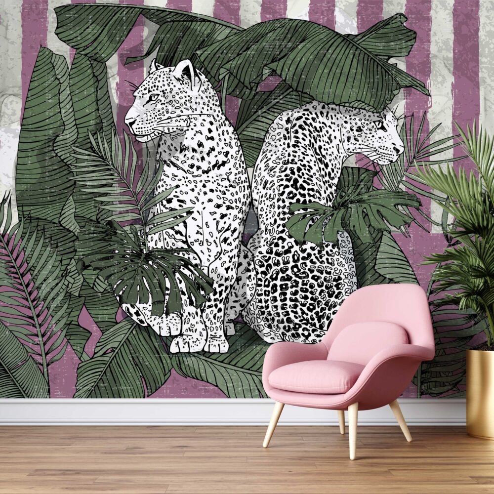 Leopar Figürlü Pembe Tropikal Siyah Beyaz Duvar Kağıdı Poster