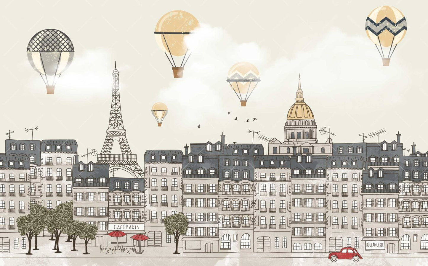 Paris Şehri Uçan Balonlu Duvar Kağıdı