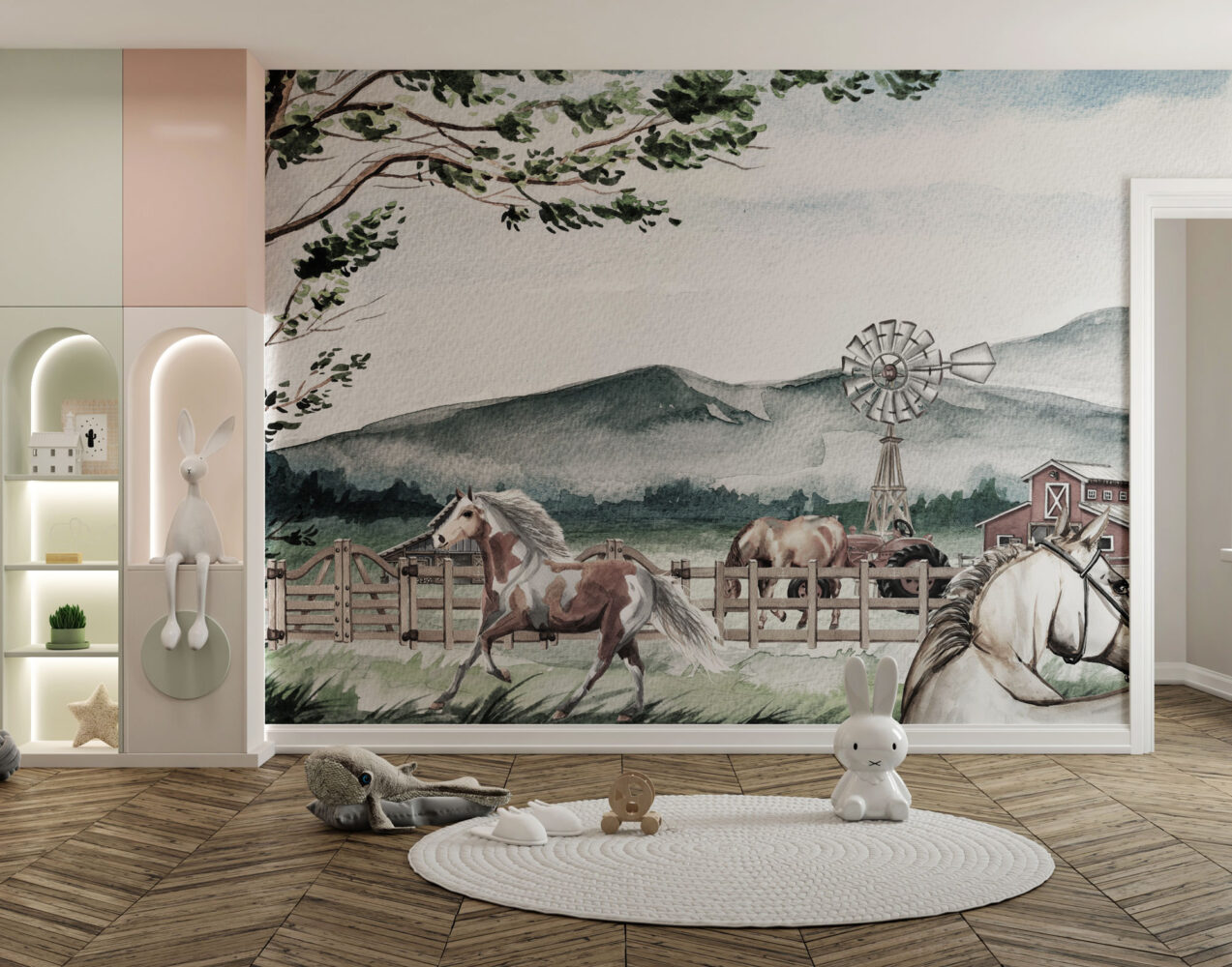 Soft Tonlarda At Çiftliği 3D Duvar Kağıdı