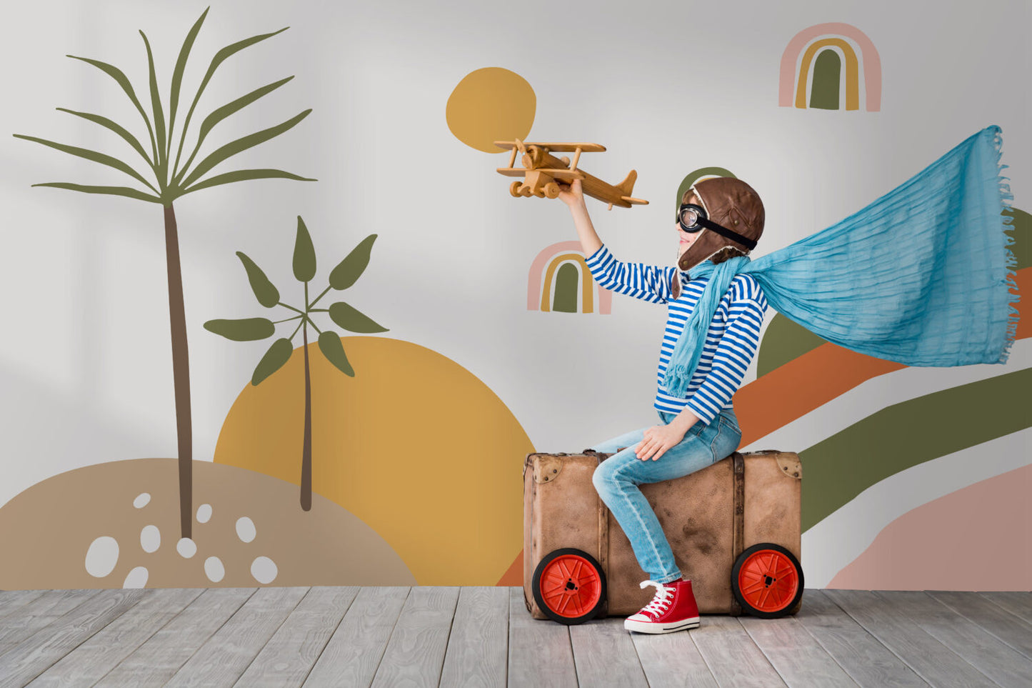 Boho Canlı Renklerde Palmiye Gökkuşağı Duvar Kağıdı