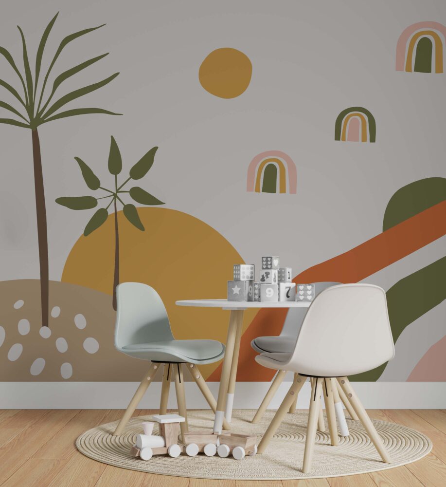 Boho Canlı Renklerde Palmiye Gökkuşağı Duvar Kağıdı