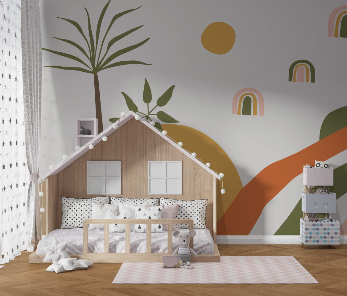 Boho Canlı Renklerde Palmiye Gökkuşağı Duvar Kağıdı