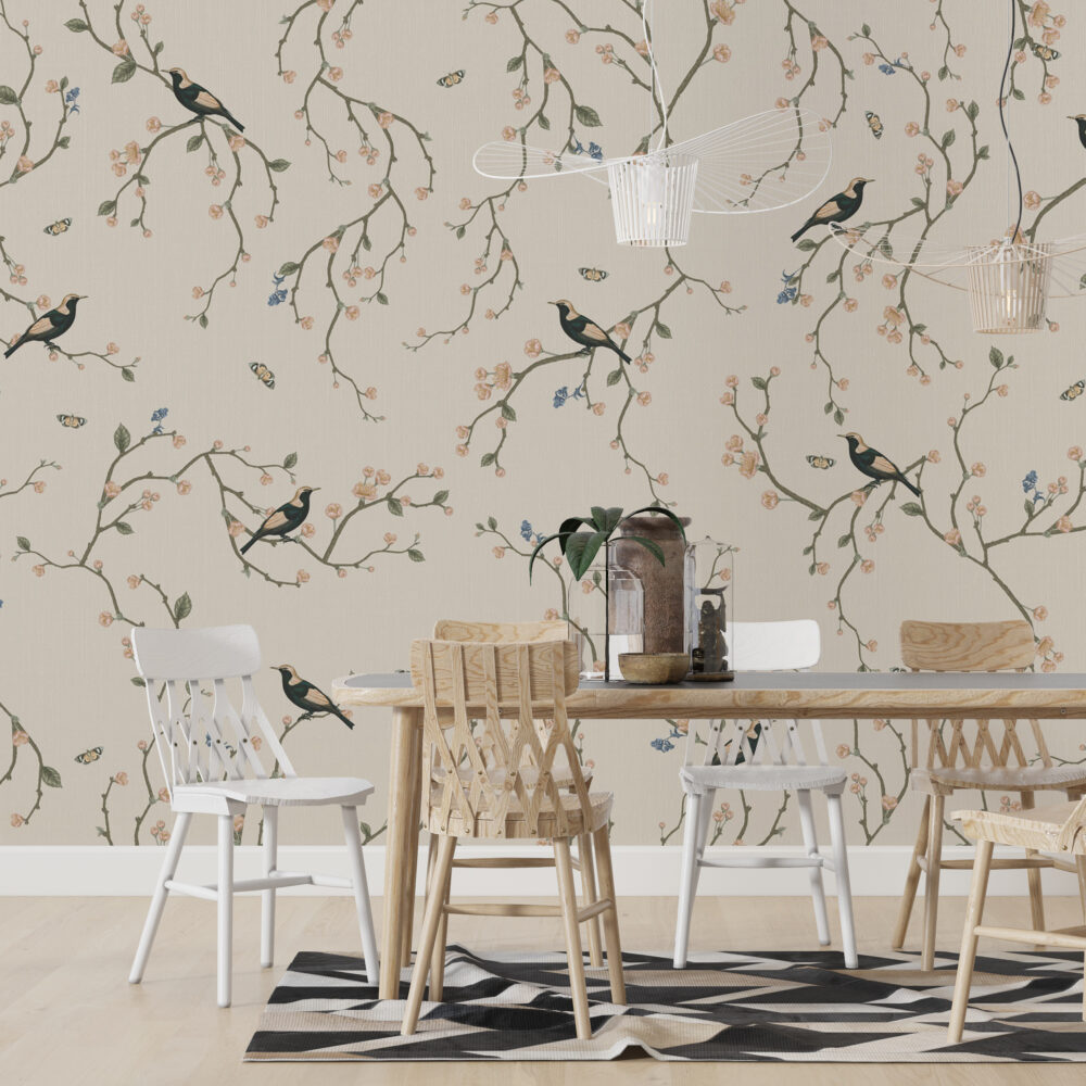 Kuşlar Bej Kiraz Çiçekleri Duvar Kağıdı Poster