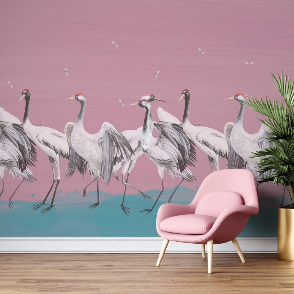 Turna Kuşu 3D Pembe Zemin'li Duvar Kağıdı Poster