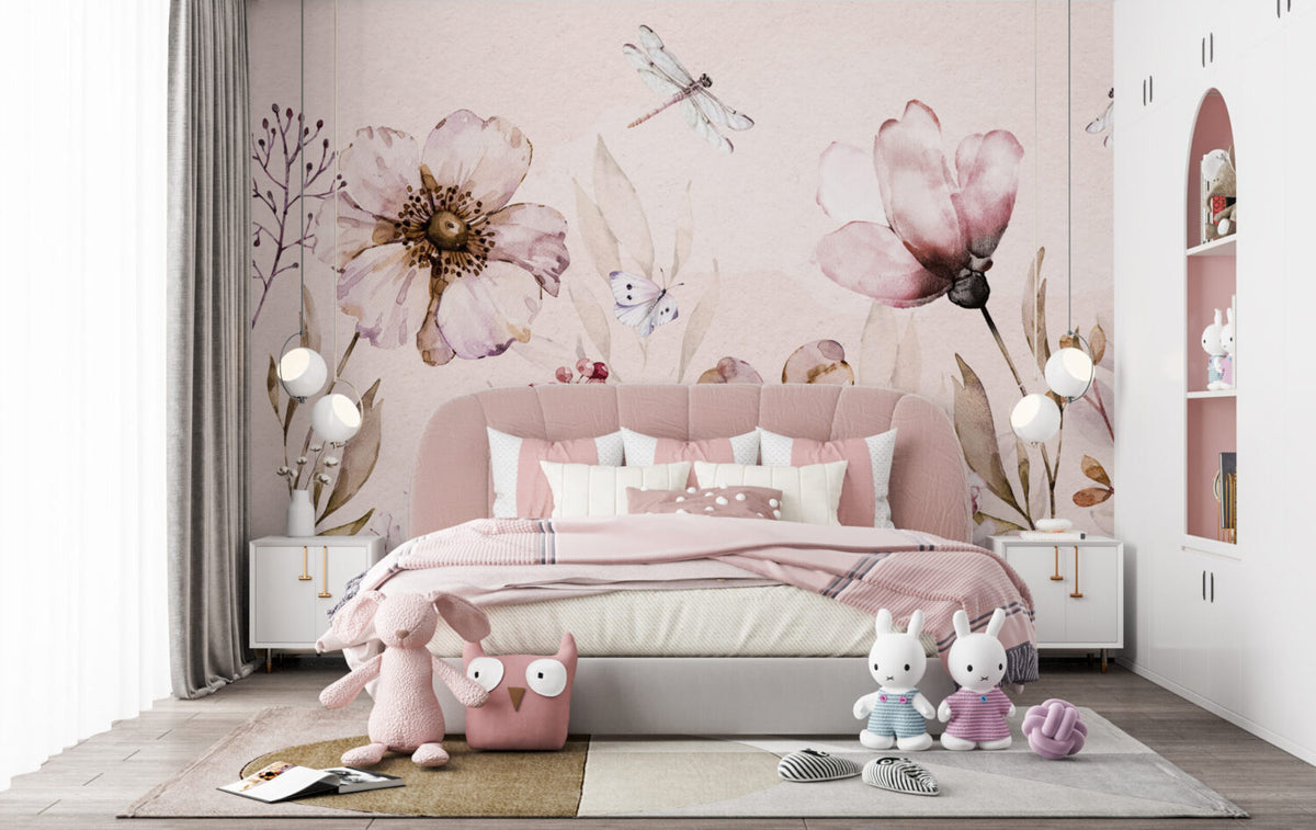 Tonların'da Çicekler Soft Pembe Duvar Kağıdı Poster