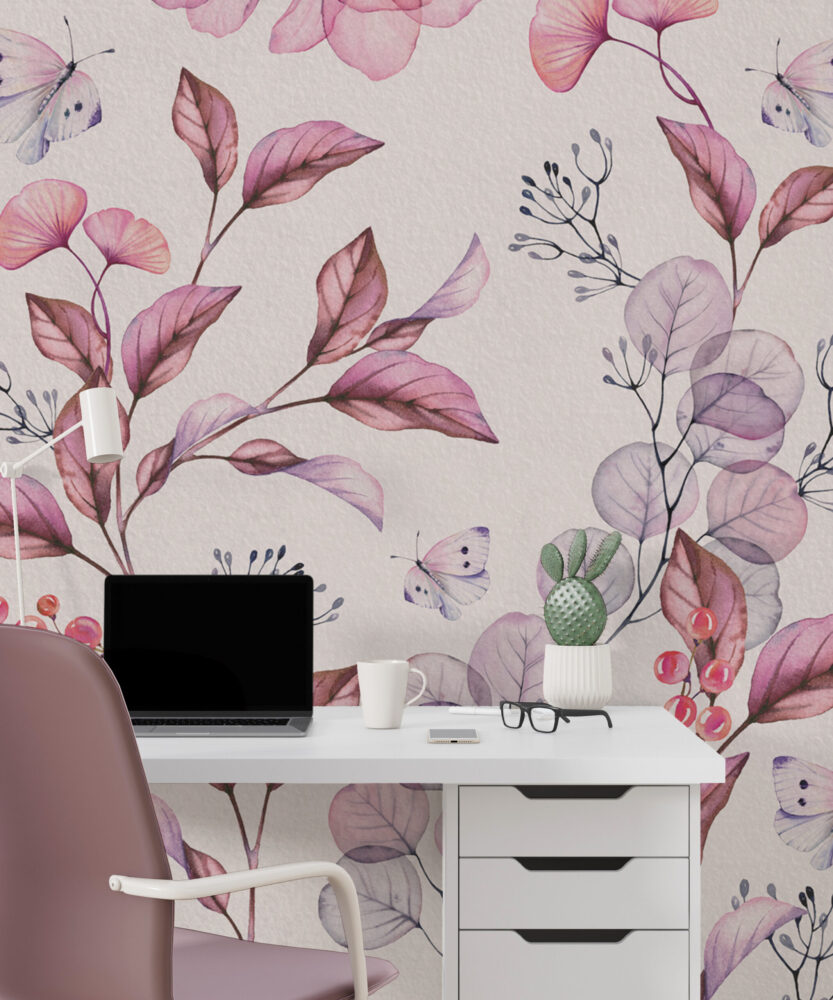 Soft Pembe Tonların'da Çicekler Ve Kelebek Duvar Kağıdı