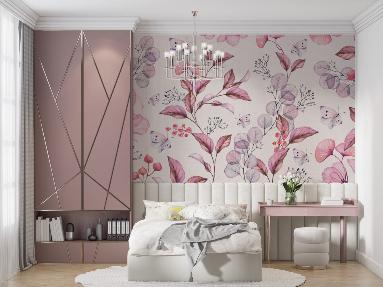 Soft Pembe Tonların'da Çicekler Ve Kelebek Duvar Kağıdı