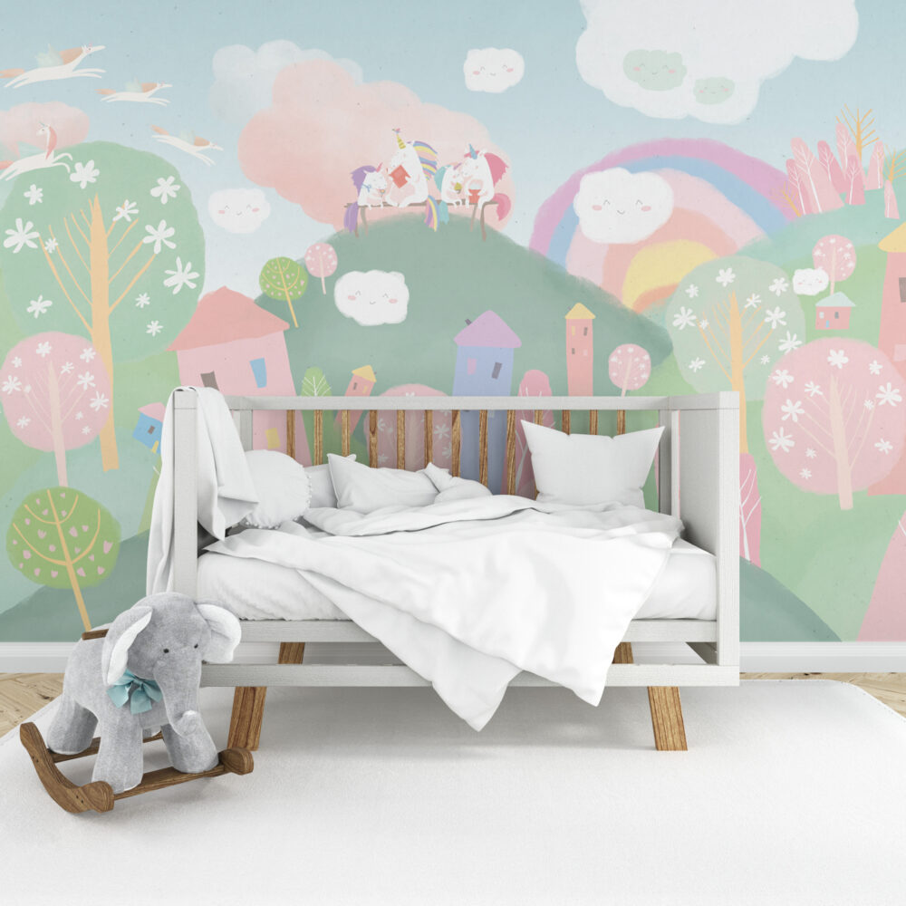 Dağ Figürlü Unicorn 3D Çocuk Duvar Kağıdı