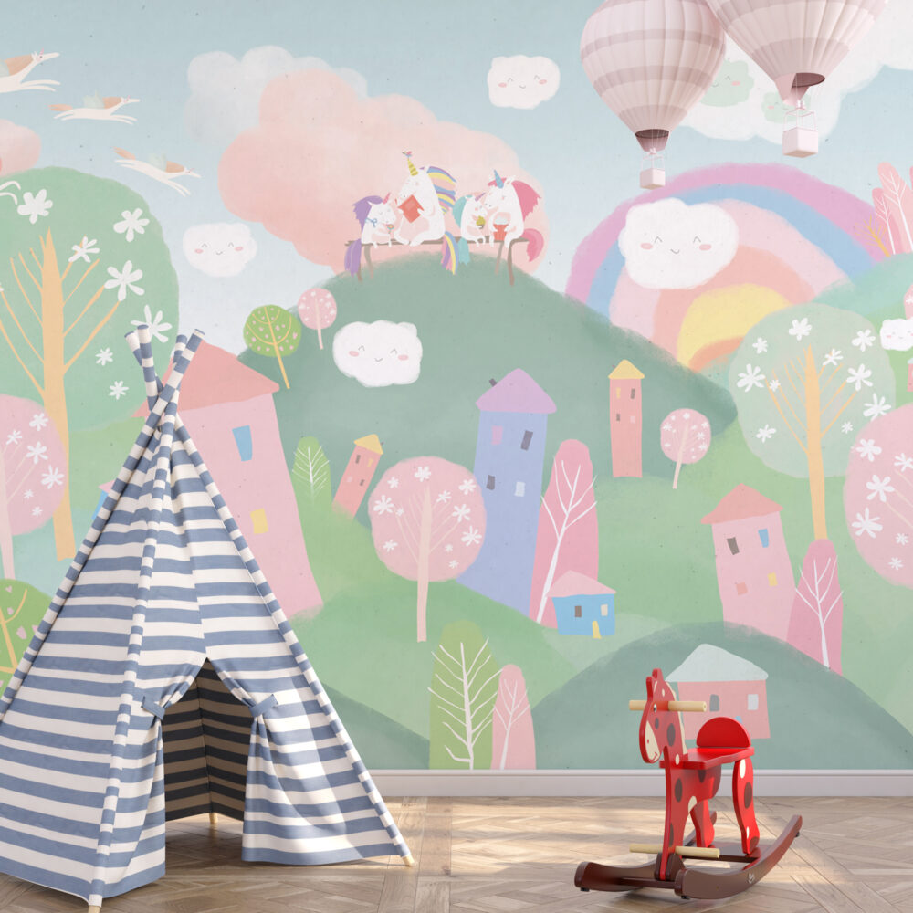 Dağ Figürlü Unicorn 3D Çocuk Duvar Kağıdı