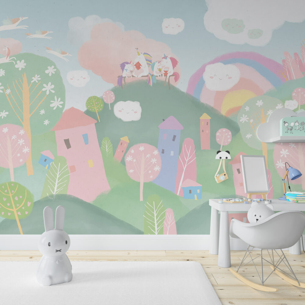 Dağ Figürlü Unicorn 3D Çocuk Duvar Kağıdı