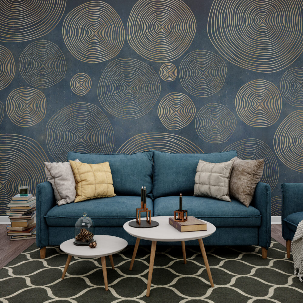 Mavi Zeminli Bej Tonlar'da Geometrik Stil Desen Duvar Kağıdı