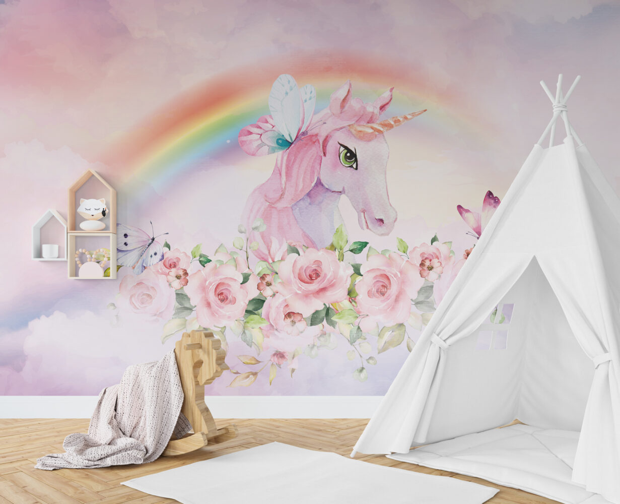 Soft Pembe Tonlarında Unicorn 3D Duvar Kağıdı