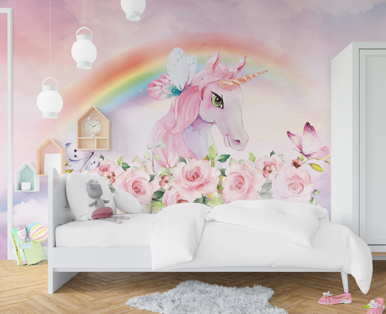 Soft Pembe Tonlarında Unicorn 3D Duvar Kağıdı