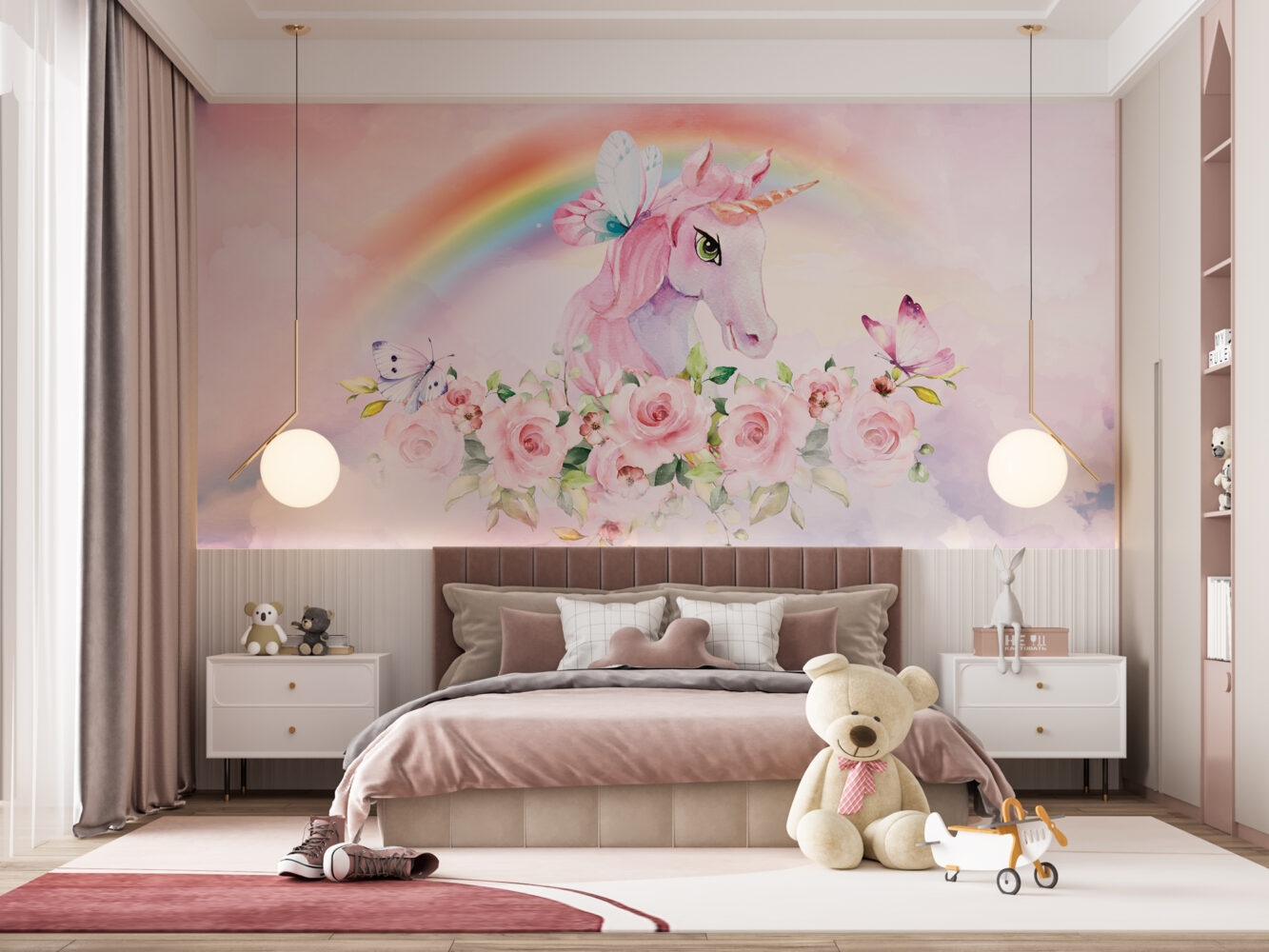 Soft Pembe Tonlarında Unicorn 3D Duvar Kağıdı