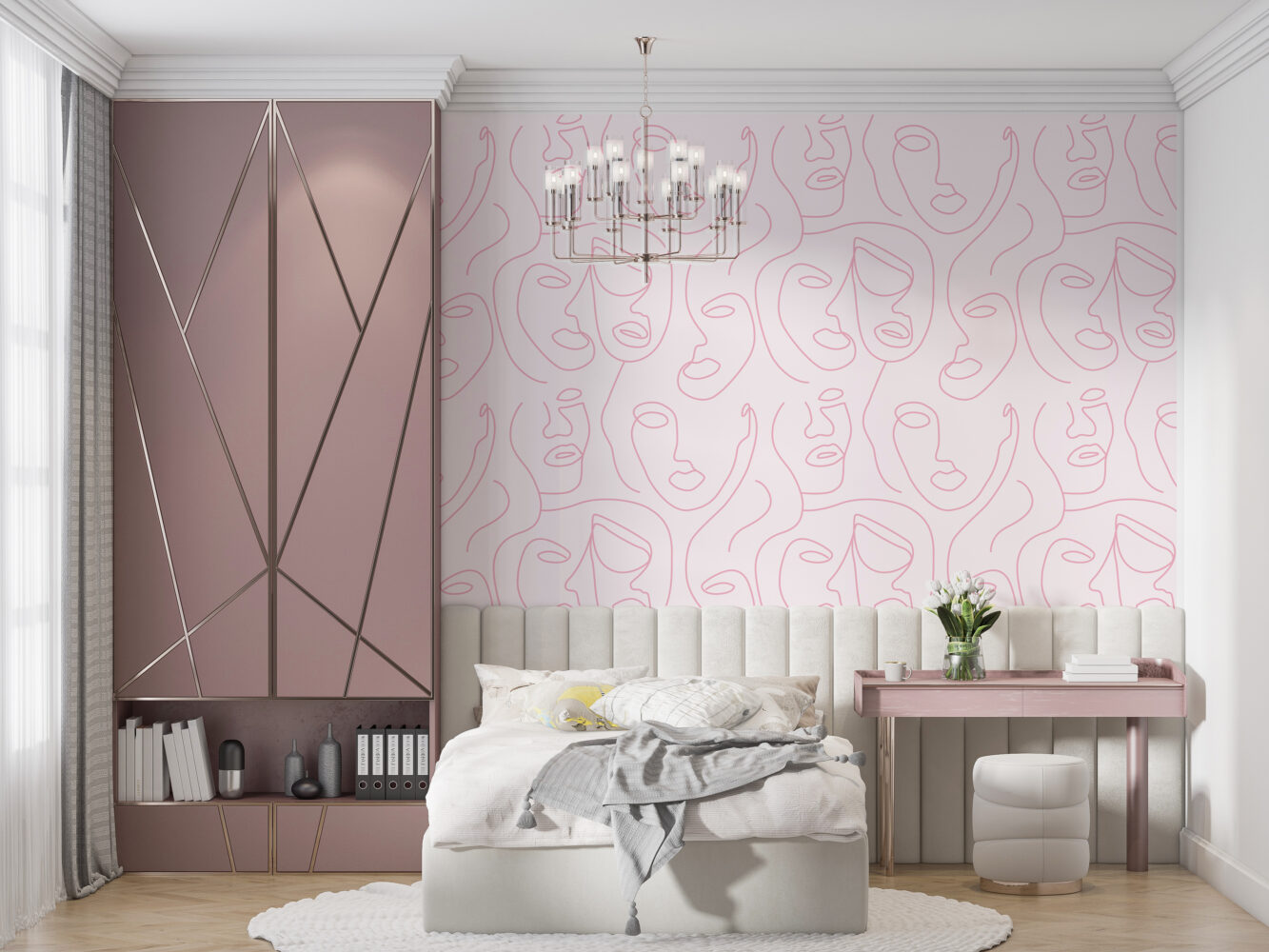 Pembe Zeminli Çizgisel Portreler Duvar Kağıdı