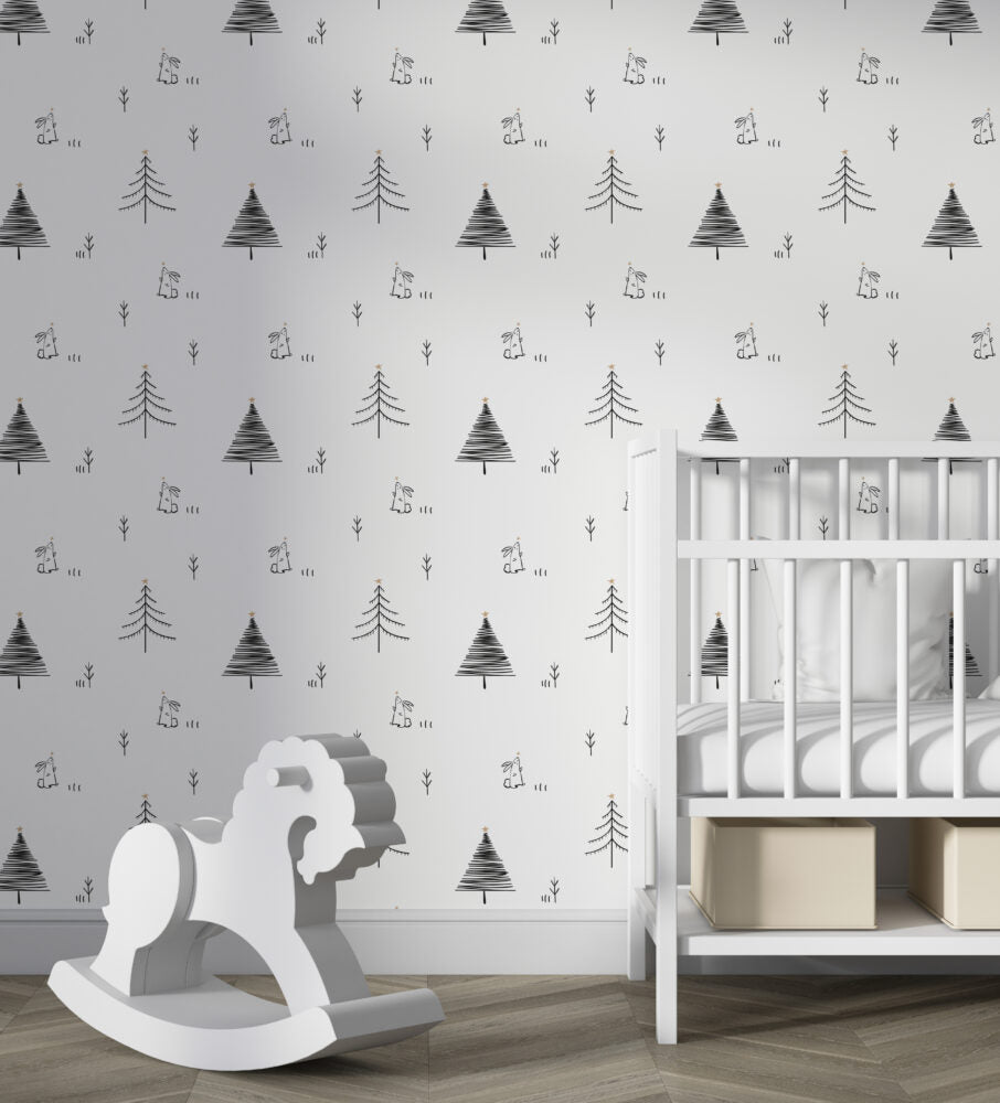 Minimalist Çam Ağaçları ve Tavşan Duvar Kağıdı