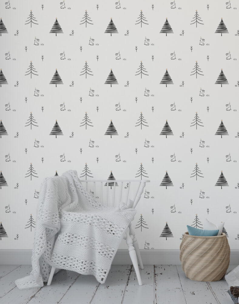 Minimalist Çam Ağaçları ve Tavşan Duvar Kağıdı