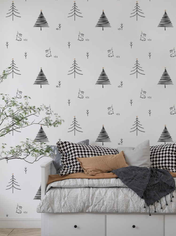 Minimalist Çam Ağaçları ve Tavşan Duvar Kağıdı