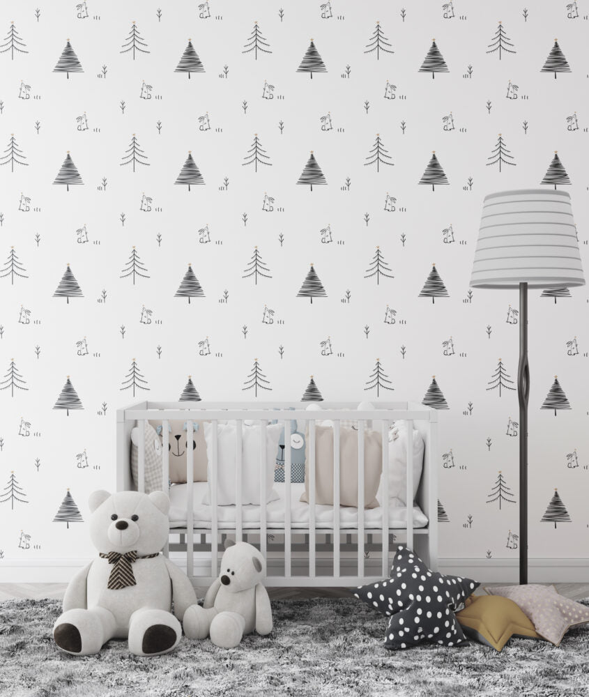 Minimalist Çam Ağaçları ve Tavşan Duvar Kağıdı