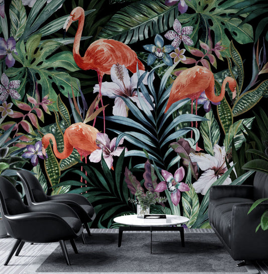 Koyu Renk Flamingo Figürlü Tropikal Duvar Kağıdı
