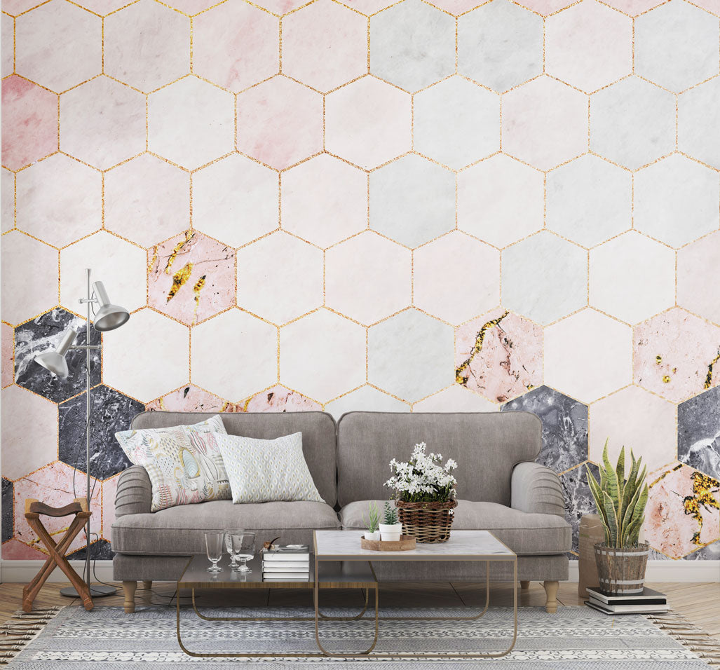 Pembe Geometrik Mermer Desenli Duvar Kağıdı | Duvar Kağıdı Marketi
