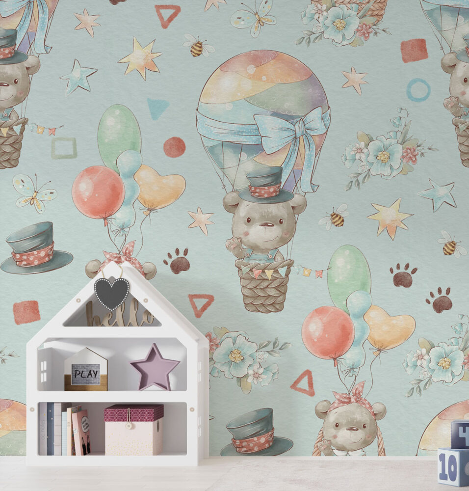 Sevimli Ayıcıklar Balonda Uçan Duvar Kağıdı Poster