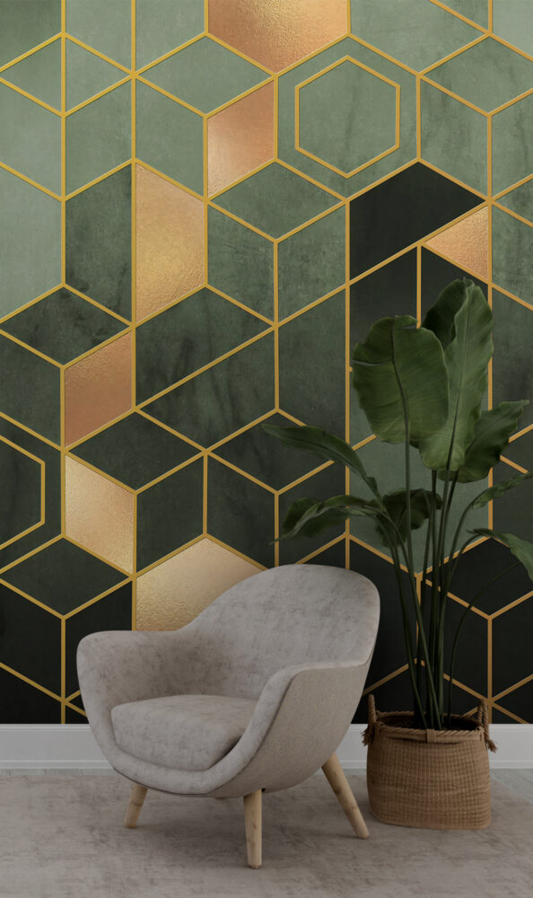 Modern Geometrik Desen Yeşil ve Altın Renginde Duvar Kağıdı