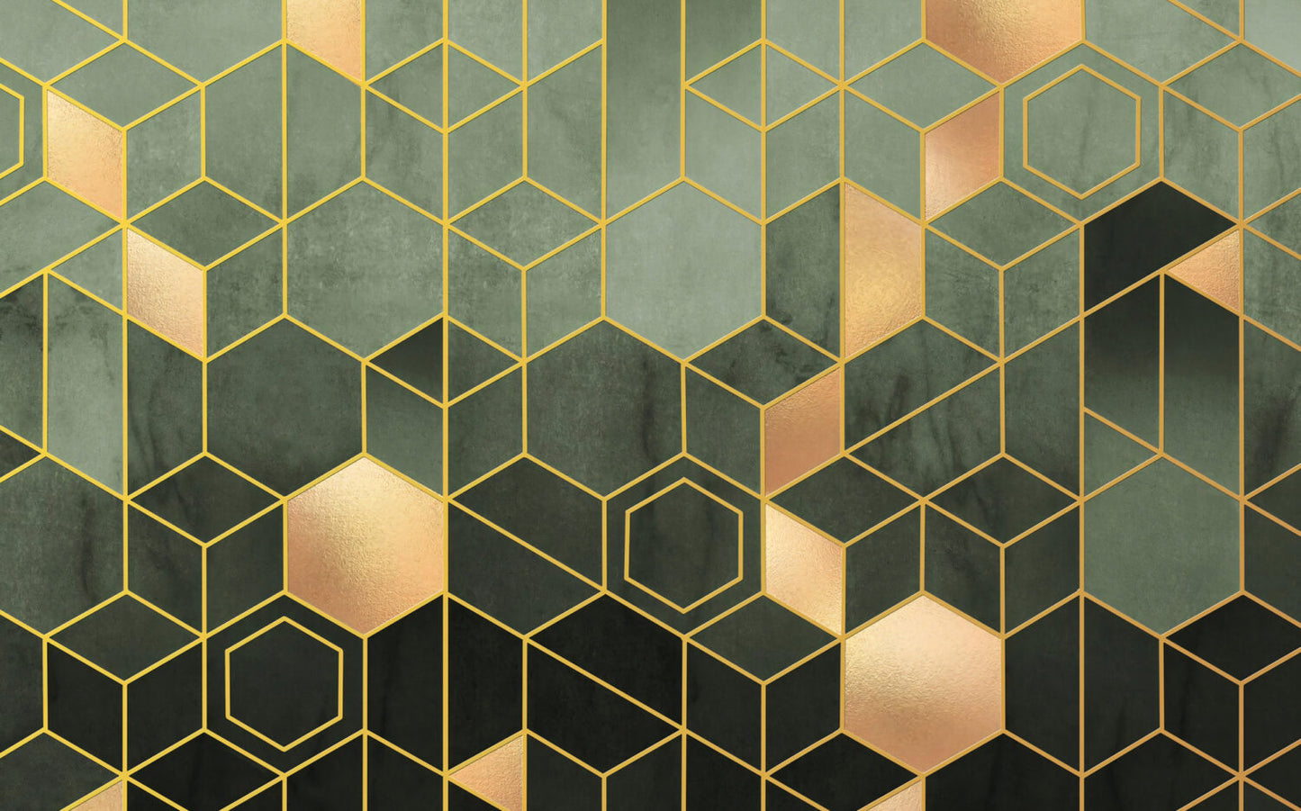 Modern Geometrik Desen Yeşil ve Altın Renginde Duvar Kağıdı