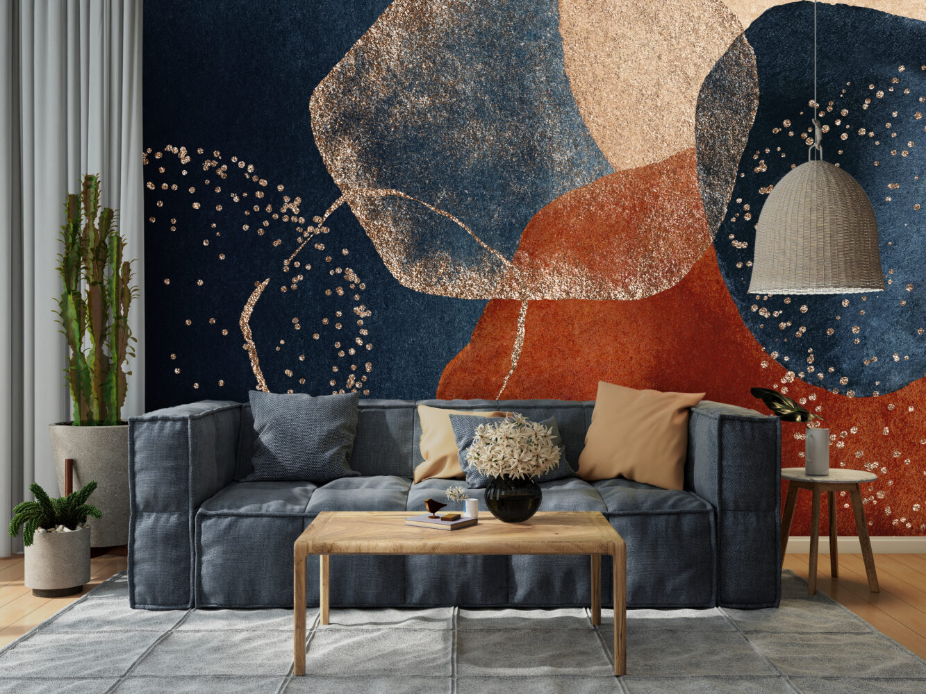 Lacivert Kızıl Boho Desen Duvar Kağıdı