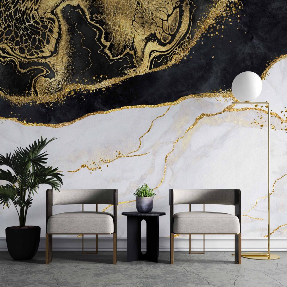 Damarlı Siyah-Beyaz Mermer Desen Soyut Gold Duvar Kağıdı Poster