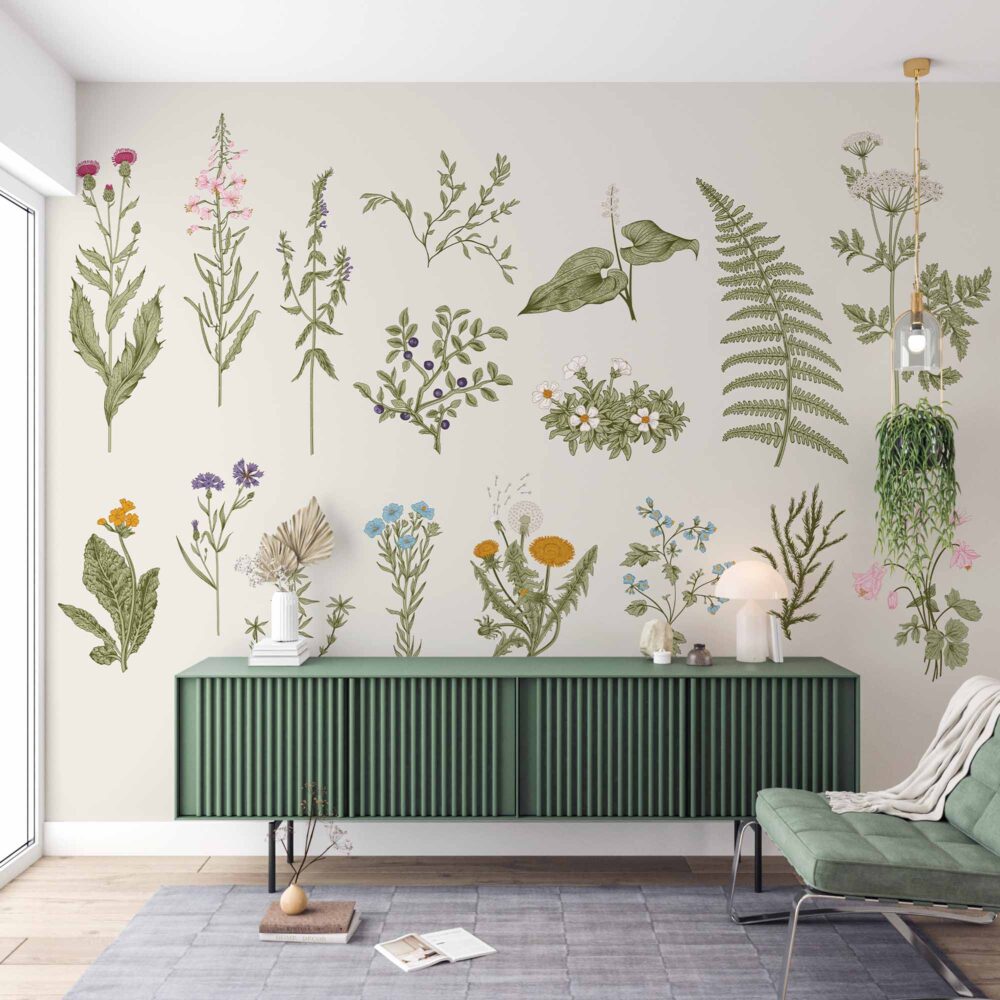 Minimalist Çiçekler ve Eğrelti Otları Duvar Kağıdı
