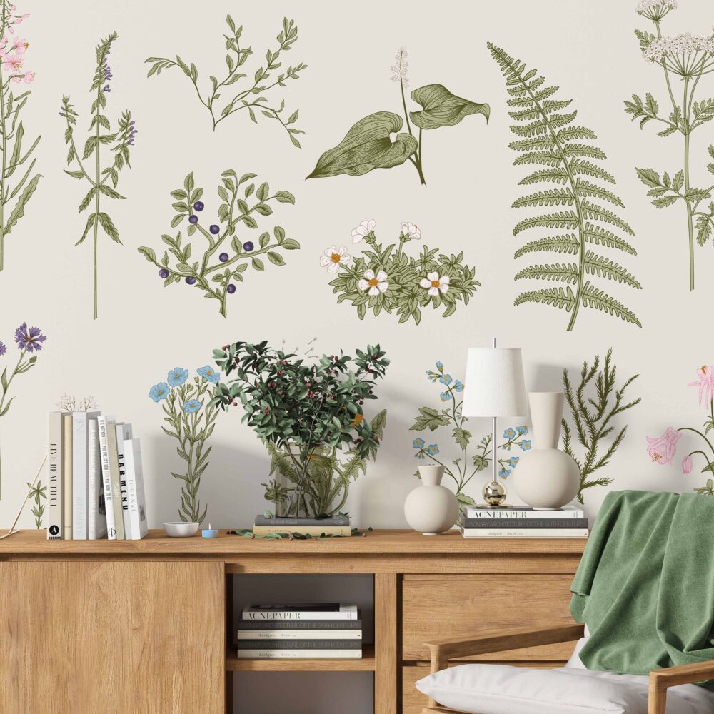 Minimalist Çiçekler ve Eğrelti Otları Duvar Kağıdı