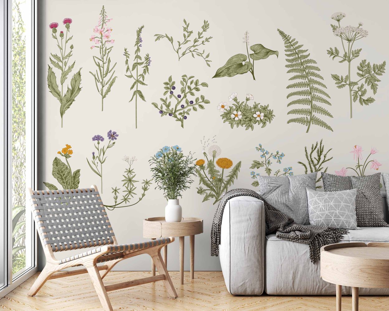 Minimalist Çiçekler ve Eğrelti Otları Duvar Kağıdı