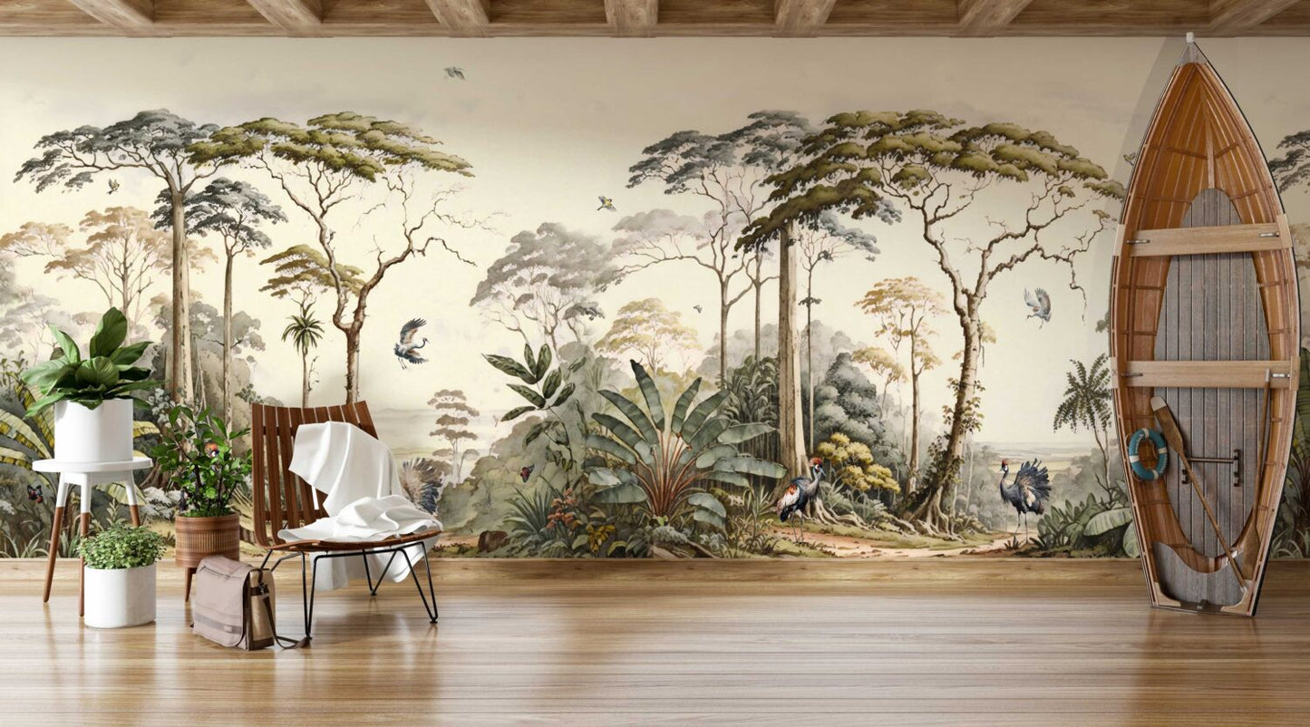 Tropikal Ormanda Turna Kuşları Duvar Kağıdı 290x253 290cm En 253cm Boy Dokulu