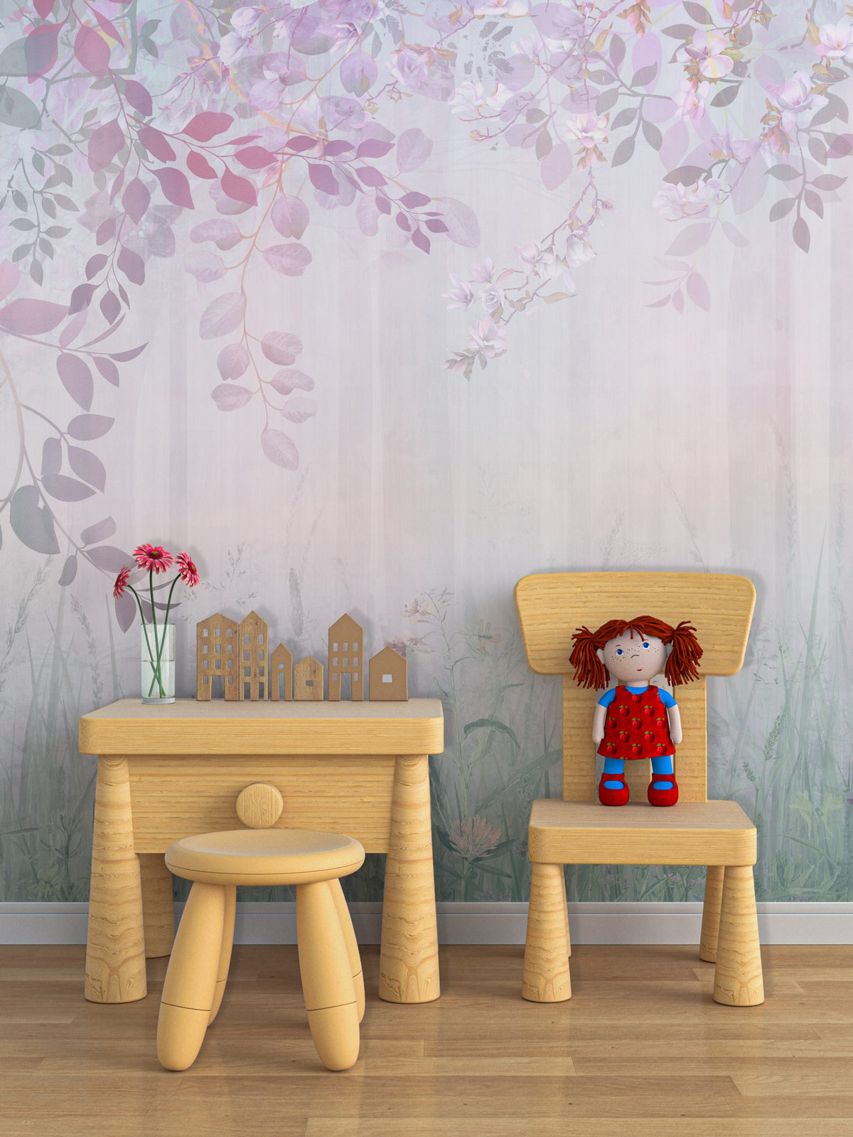 Çiçeklerle Çevrili Orman Soft Pembe Duvar Kağıdı Poster