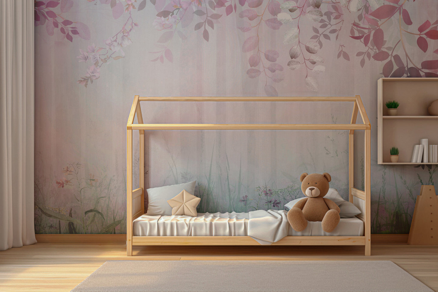 Soft Pembe Çiçeklerle Çevrili Orman Duvar Kağıdı