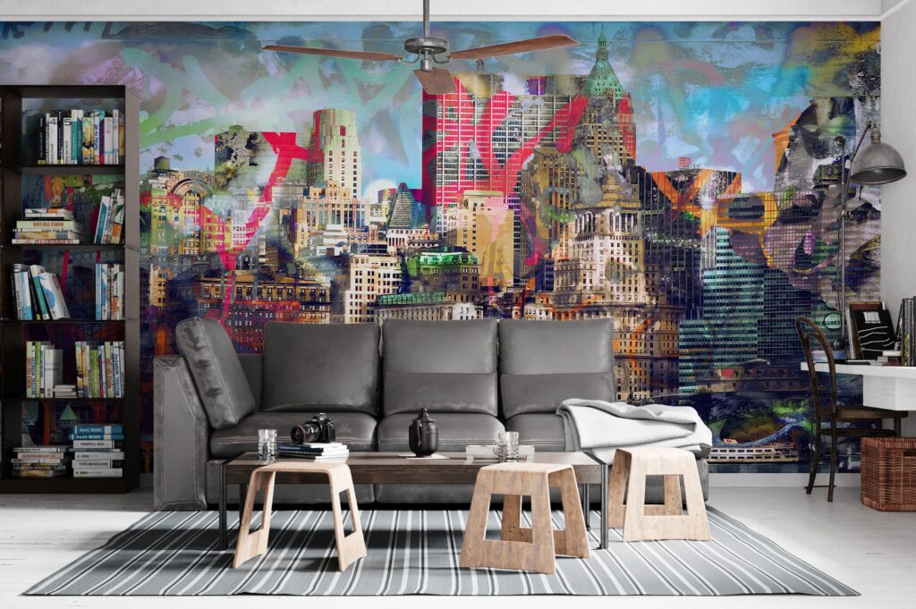 3D Şehir Manzarası ve Graffiti Desenli Duvar Kağıdı | Duvar Kağıdı Marketi