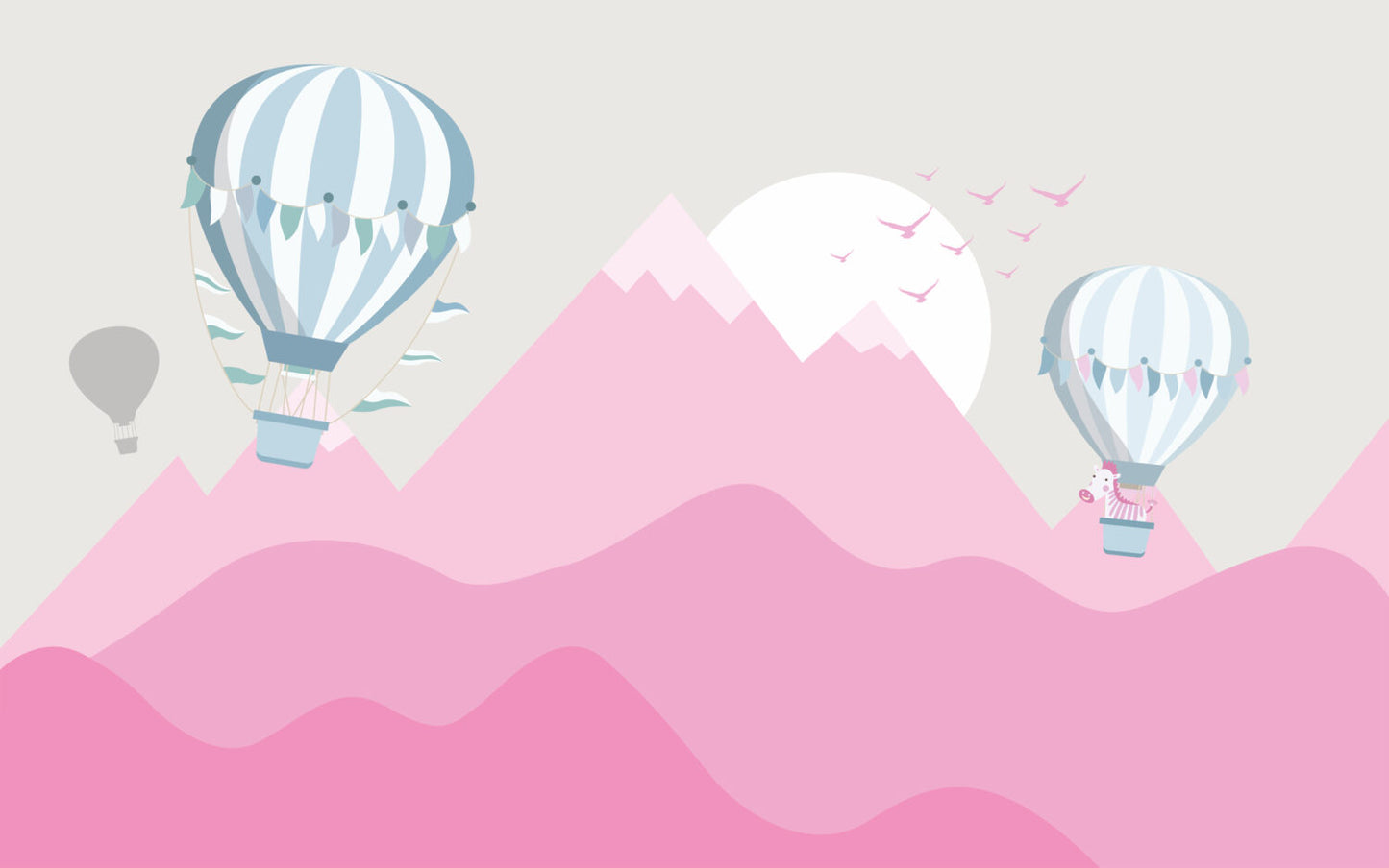 Uçan Balon Ve Soft Pembe Dağlar 3D Duvar Kağıdı