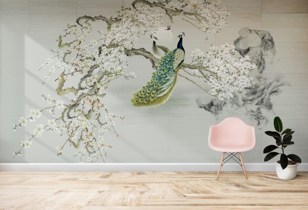 Tavus Kuşu Çiçekli 3D Duvar Kağıdı 134x120 134cm En 120cm Boy Dokulu