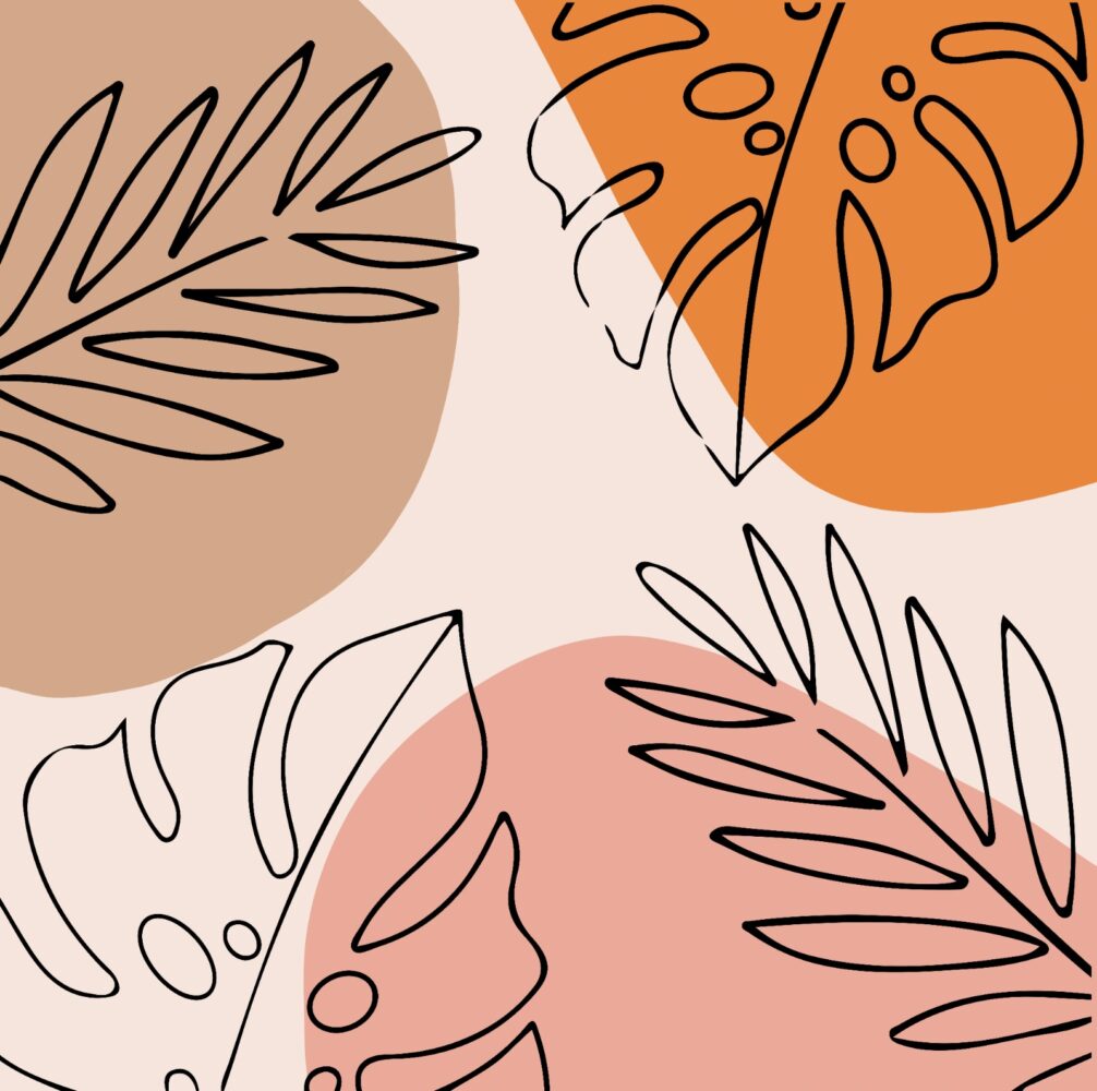 Boho Line Art Turuncu Yapraklı 3D Duvar Kağıdı