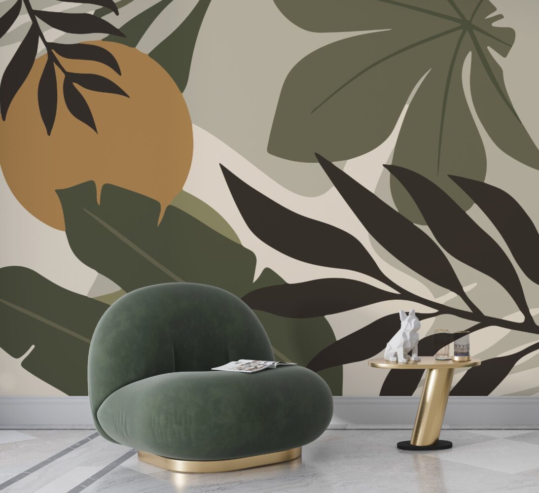 Art Yeşil Yapraklı 3D Boho Line Duvar Kağıdı Poster