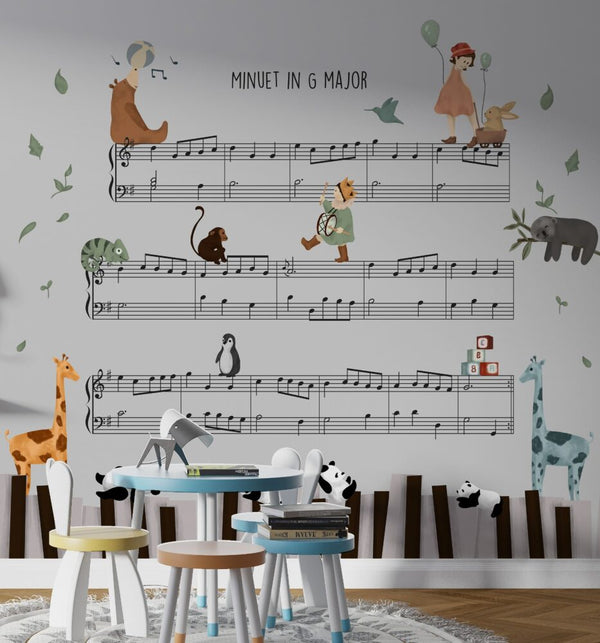 Müzik Notalarının Üzerindeki Hayvanlar 3D Çocuk Odası Duvar Kağıdı Poster