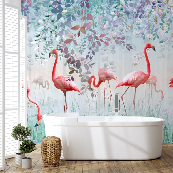 Flamingolar 3D Çiçek Üzerindeki Duvar Kağıdı Poster