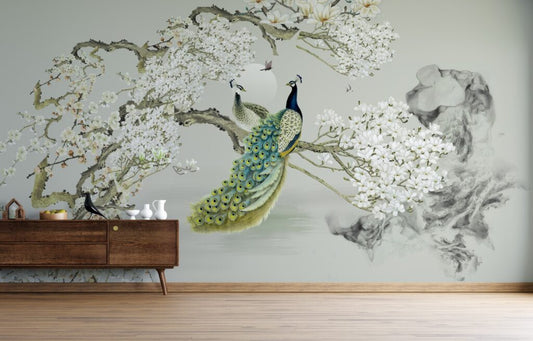 Tavus Kuşu Çiçekli 3D Duvar Kağıdı 134x120 134cm En 120cm Boy Dokulu