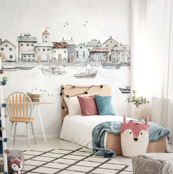 Tonlar'da Küçük Evler Denizci Konseptinde 3D Soft Krem Duvar Kağıdı Poster