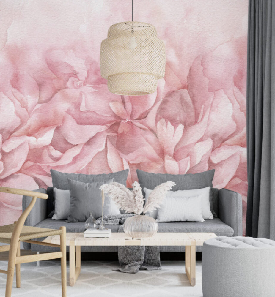 Karışık Çiçek Desenli 3D Pembe Renkli Duvar Kağıdı Poster