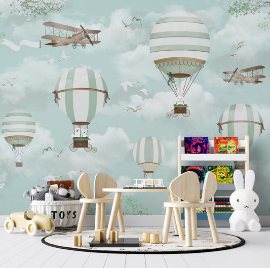 Uçan Balon ve Uçak Desenli 3D Duvar Kağıdı | Duvar Kağıdı Marketi